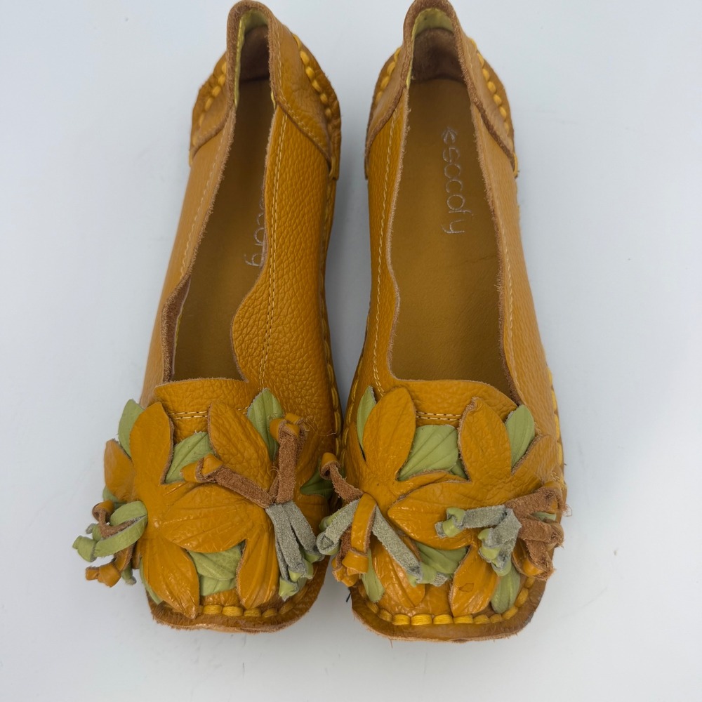 Socofy Yellow Leather Floral Applique Loafers Hand Stitched Flats Womens 235 6.5